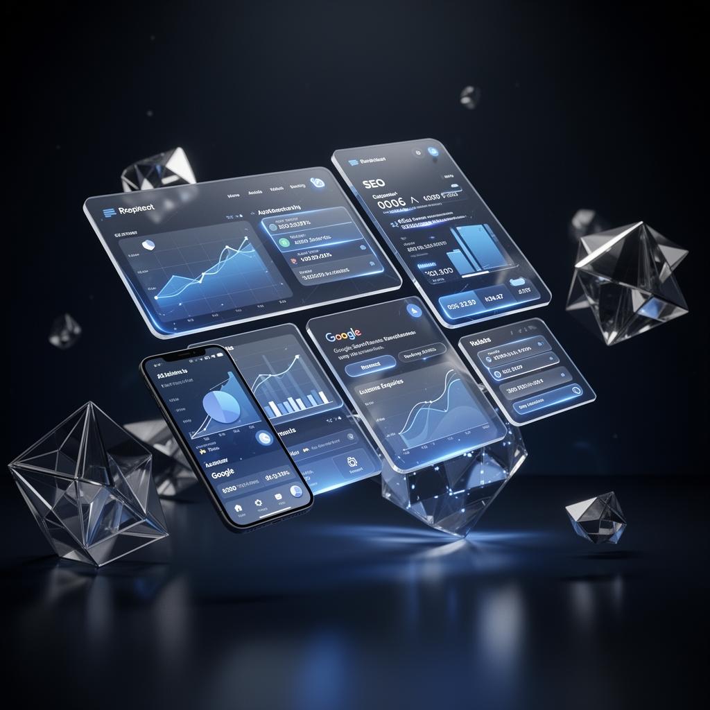 Futuristic dashboard showing SEO metrics, Google visibility and mobile preview